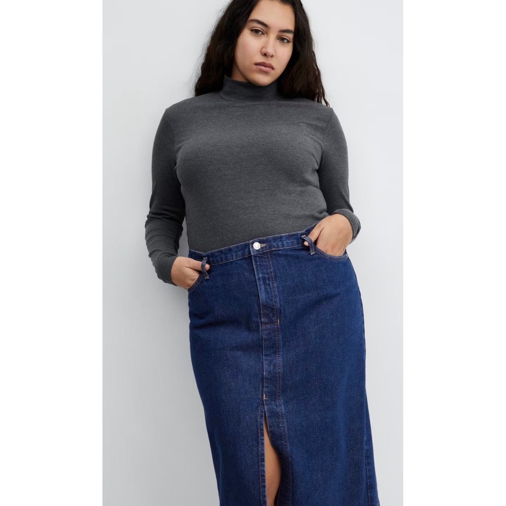 Mango High Rise Midi Denim Skirt Dark Wash Front Slit 100% Cotton 67090440 NWT